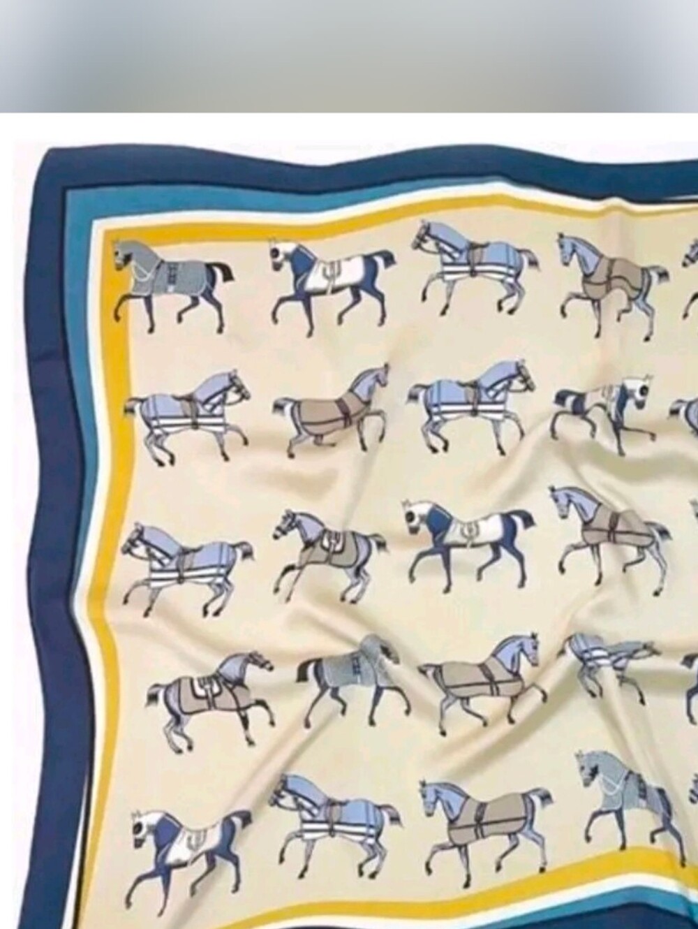 Equestrian Horse-Print Silk Scarf in Cream and Blue